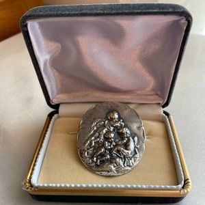 Vintage Repousee Cherub Angels Brooch - Jean Daulle’s famous Angels; Giftbox